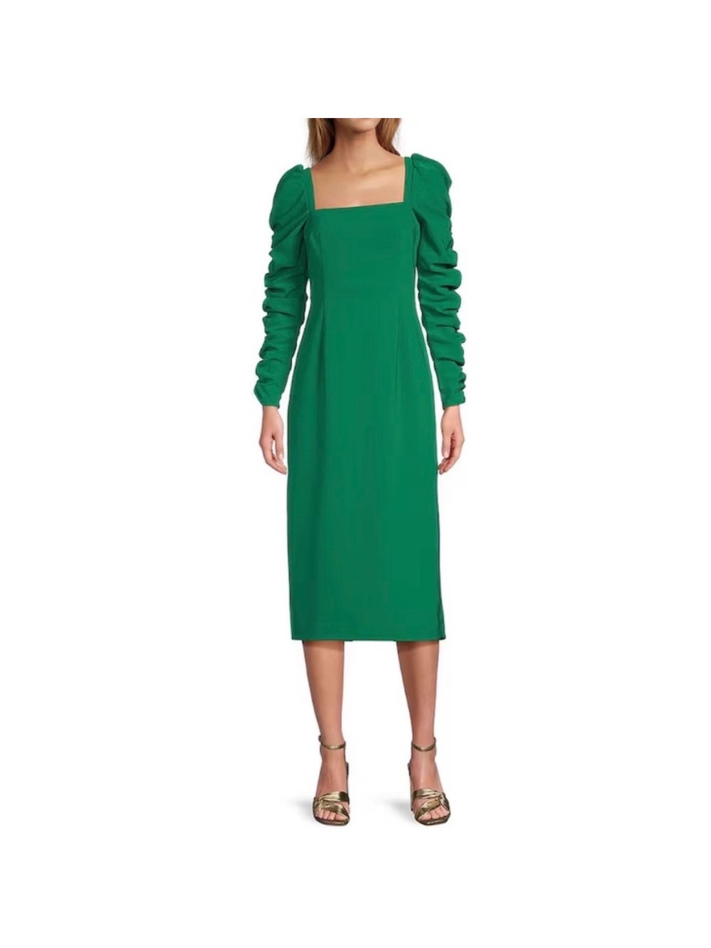 ANTONIO MELANI Emerald Green Square-Neck Midi Dress with Ruched Sleeves
